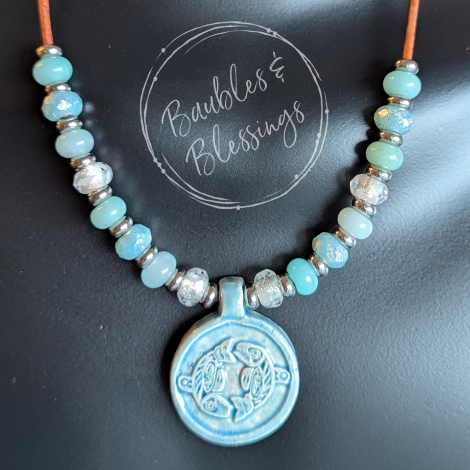 Raku-fired Ceramic & Amazonite Orca Fidget Necklace