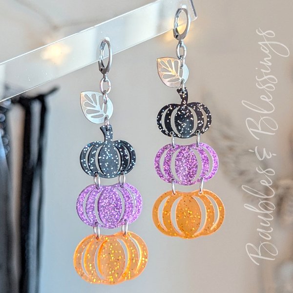 Acrylic Pumpkin Earrings with Orange & Purple Glitter