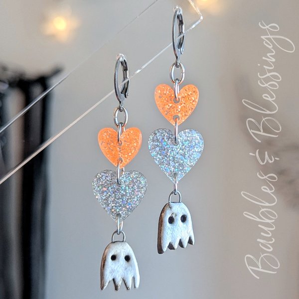 Tiny Ceramic Ghost Earrings with Glittery Hearts