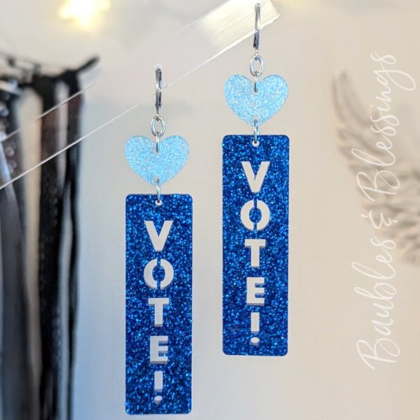 XL Vote Blue Earrings with Hearts & Glittery Bar Charms