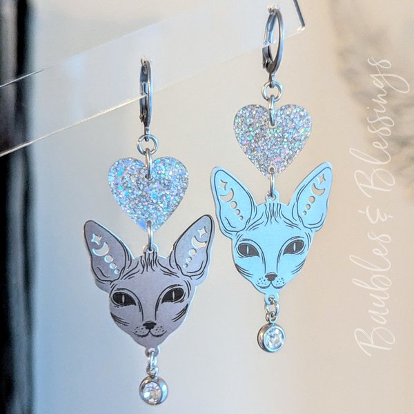 Stainless Steel & Glittery Acrylic Celestial Kitty Earrings 