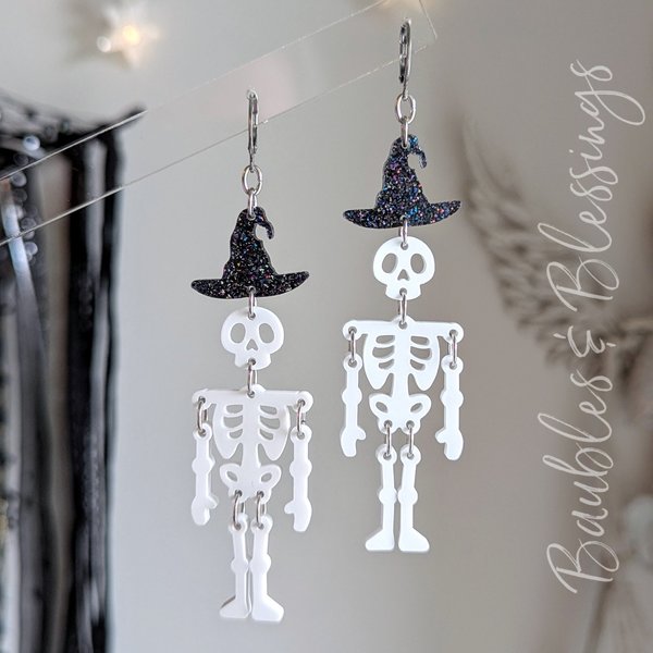 White Skeleton Halloween Earrings with Sparkly Witch Hats