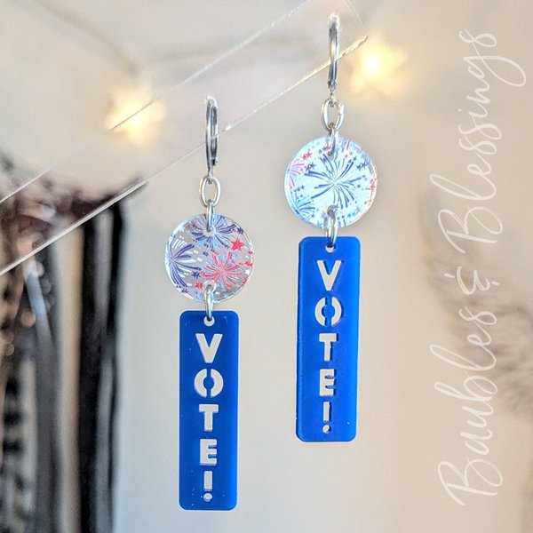 Vote Blue Earrings with Patriotic Fireworks & Bar Charms
