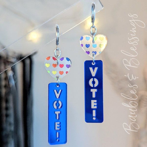 Vote Blue Earrings with Rainbow Hearts & Bar Charms