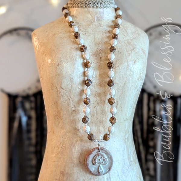 Simple Mushroom Necklace with Calligraphy Stone