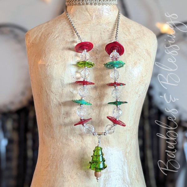 Christmas Tree Necklace with Lampwork Discs & Quartz