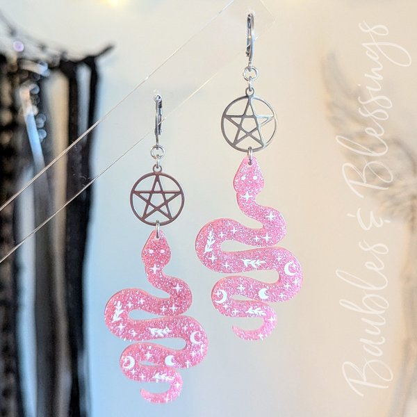 Glittery Pink Snake Earrings with Stainless Pentagrams