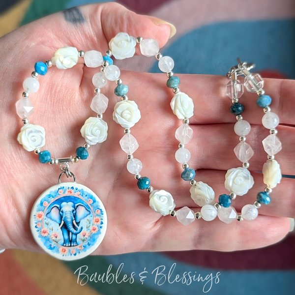 Ganesha Necklace with Apatite, MOP & Rainbow Moonstone