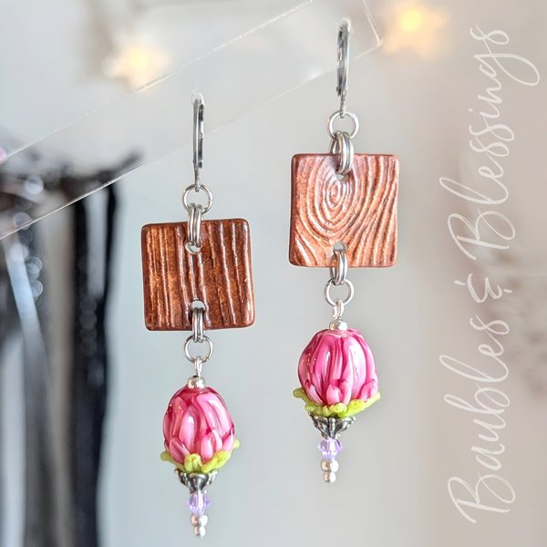 Flower Earrings with Handmade Ceramic Charms