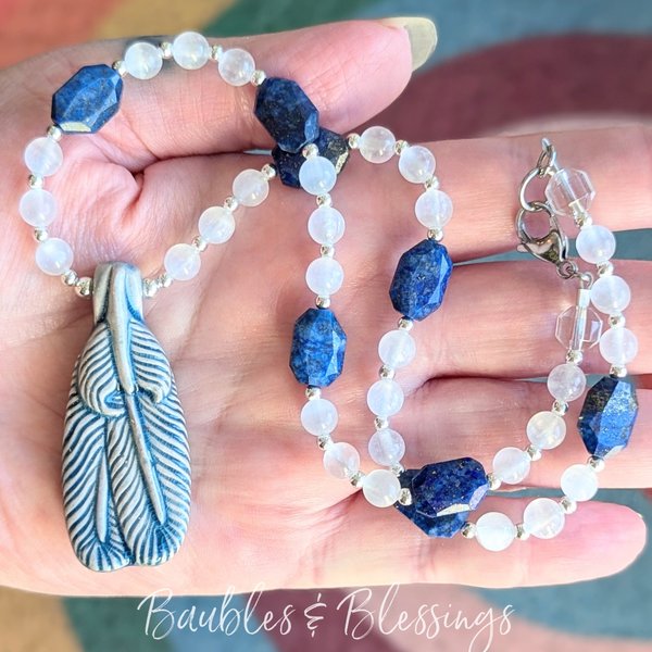 Raku Feather Necklace with Selenite & Lapis Lazuli