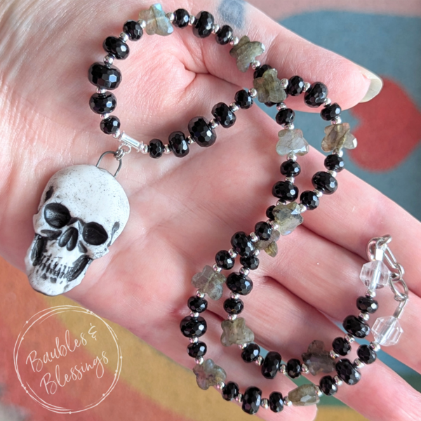 Skull Necklace with Onyx & Labradorite Butterflies 