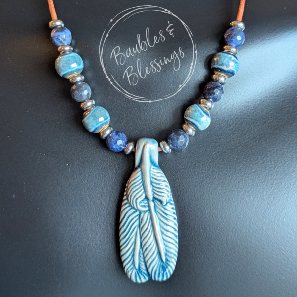 Raku-fired Ceramic Feather & Sodalite Fidget Necklace