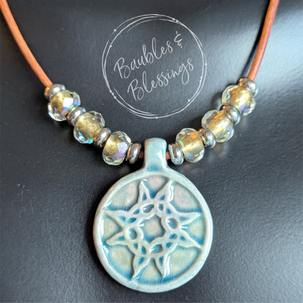 Raku-fired Ceramic Sun & Czech Glass Fidget Necklace