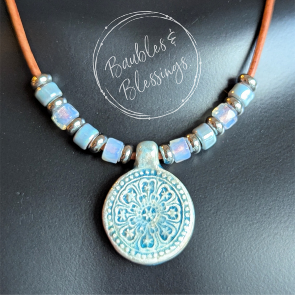 Raku-fired Ceramic Flower Mandala Fidget Necklace