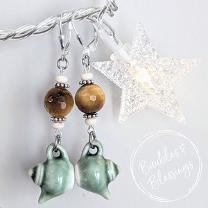 Green Teapot Earrings with Golden Tiger's Eye (MTO)