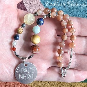 Solar System Necklace with Sunstone & Hand-Stamped "Space Nerd" Pendant