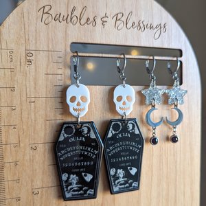 Coffin-shaped Ouija Board Earrings with Acrylic Skulls