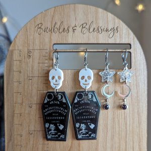 Coffin-shaped Ouija Board Earrings with Acrylic Skulls