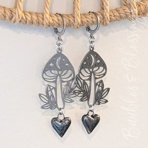 Witchy Mushroom Earrings with Sparkly Ceramic Hearts