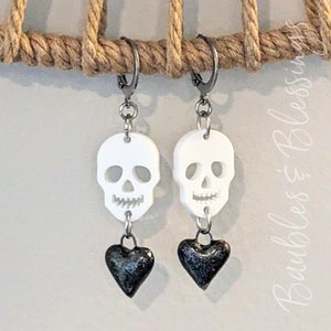 RESERVED for G: Custom Skull Earrings with Blue Ceramic Hearts