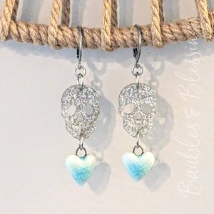 Glittery Skull Earrings with Blue Ceramic Hearts