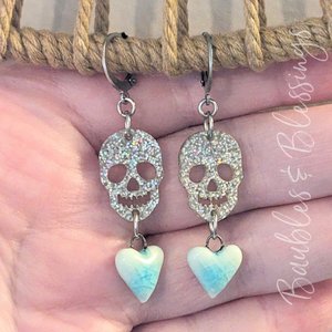 Glittery Skull Earrings with Blue Ceramic Hearts