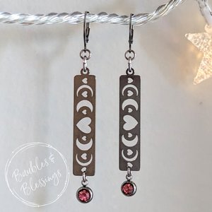 Heart Moon Phase Earrings with Wee Pink Crystals