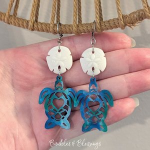 Acrylic Turtle Earrings with Czech Glass Sand Dollars