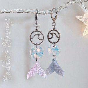 Mermaid Tail Earrings with Waves & Iridescent Acrylic