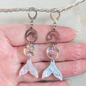 Mermaid Tail Earrings with Waves & Iridescent Acrylic