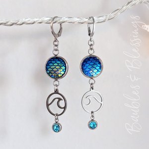 Mermaid Scale Earrings with Waves & Blue Crystals