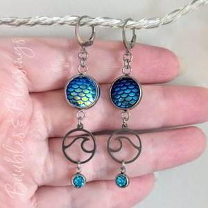 Mermaid Scale Earrings with Waves & Blue Crystals