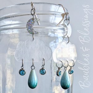 Cloud Earrings with Ceramic Raindrop & Holographic Moons