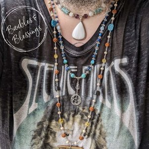 Long Wolf Necklace with Rudraksha Seeds & Gemstone Beads