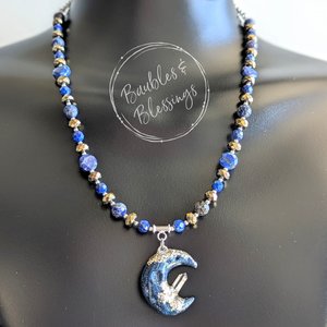 Sparkly Crescent Moon Necklace with Lapis Lazuli & Pyrite