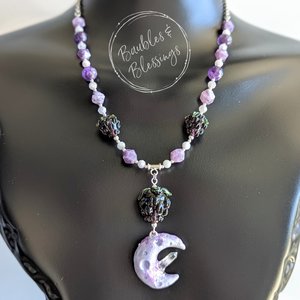 Sparkly Blackberry Moon Necklace with Purple Gemstones