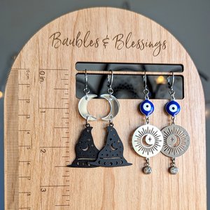 Evil Eye Protection Earrings with Celestial Charms & Clear Crystals