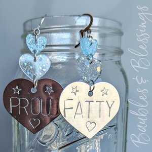 Hand-stamped PROUD FATTY Earrings with Glittery Hearts