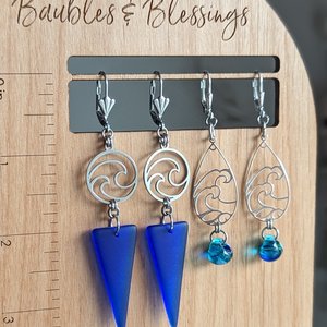 Stainless Steel Blue Wave Earrings with Beach Glass