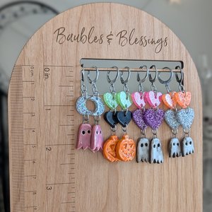 Spooky Ceramic Ghost Earrings with Glittery Hearts