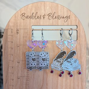Stainless Steel & Glittery Acrylic Well-read Raven Earrings 