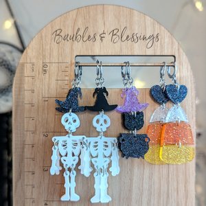 White Skeleton Halloween Earrings with Sparkly Witch Hats