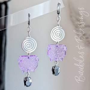 Super Fun Glittery Witchy Earrings with Purple Cauldrons