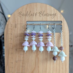 Pink Mushroom Earrings with Kunzite & Charoite Beads