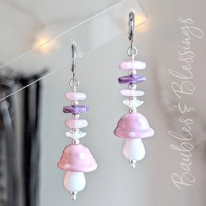 Pink Mushroom Earrings with Kunzite & Charoite Beads