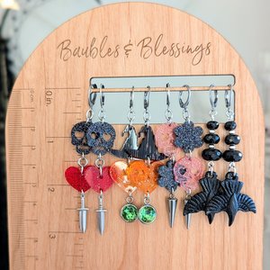 Glittery Pink Skull Earrings with Black Flowers & Steel Spikes