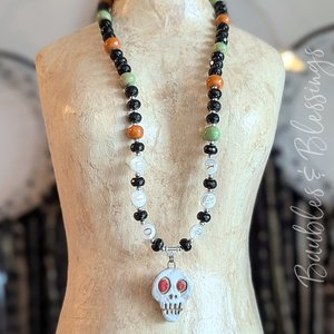'SPOOKY' Skull Necklace with Onyx, Shell & Gaea Beads
