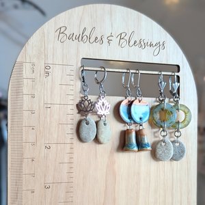 Petite Beach Pebble Earrings with Tiny Lotus Charms