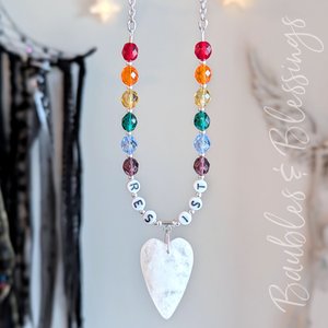 RESIST! Necklace with Rainbow Beads & Quartz Heart