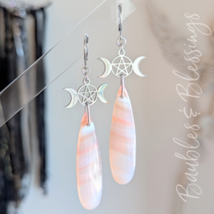 Sardonyx Earrings with Triple Moon Pentagram Charms